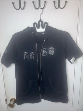 UC BCBG Black Short-Sleeve Zip Hoodie with Rhinestone Logo